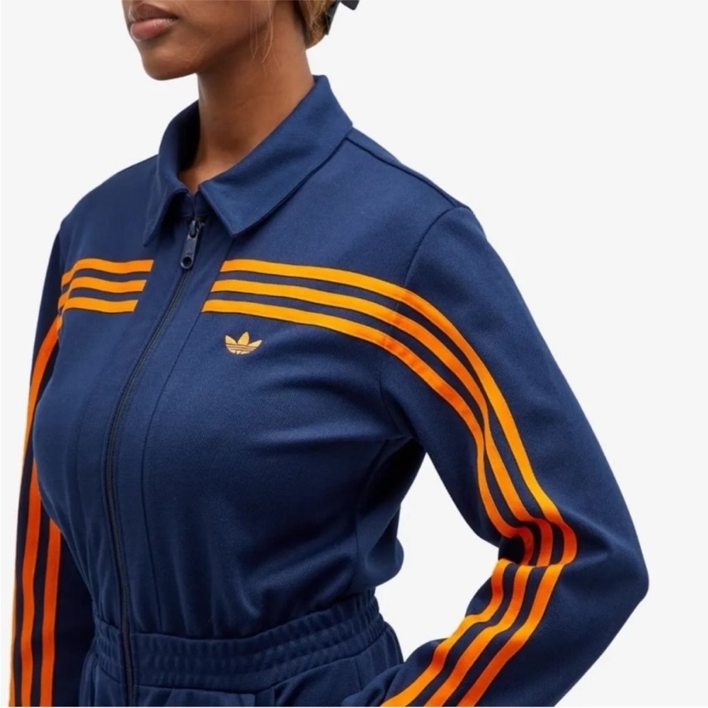 Adidas Originals RETRO Navy Blue Orange Striped Midweight Long Sleeve Jumpsuit - Picture 7 of 9